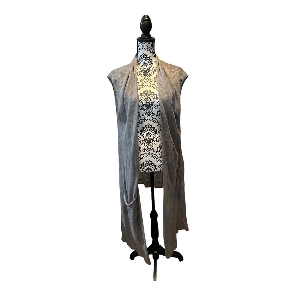 Bryn Walker Linen Draped Open Front Vest size L Taupe Gray Beige Greige